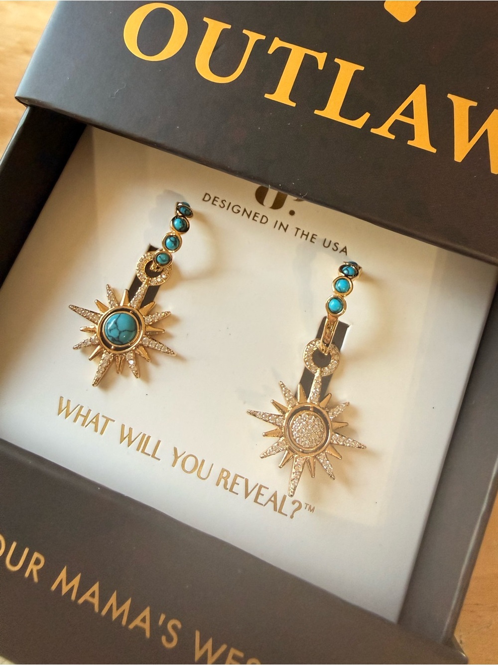 Outlaw Gold Sunburst Drop Earrings with Turquoise and Diamond CZ Accents